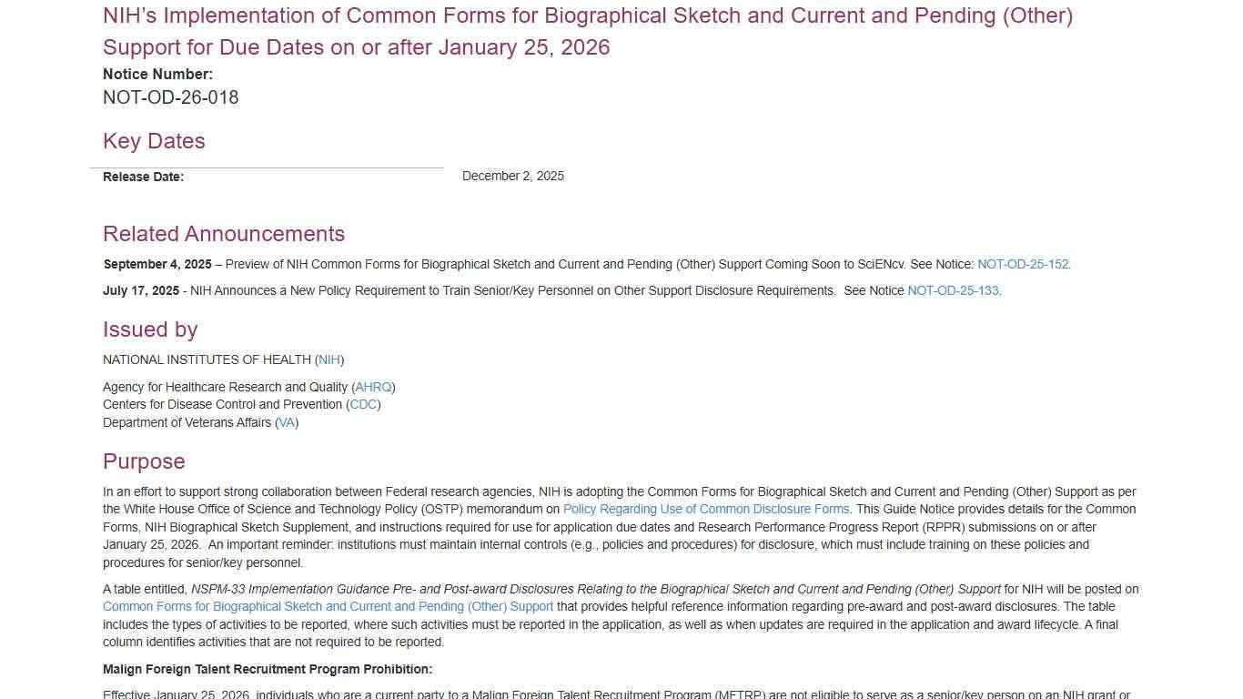 NOT-OD-26-018: NIHs Implementation of Common Forms for Biographical Sketch and Current and Pending (Other) Support for Due Dates on or after January 25, 2026